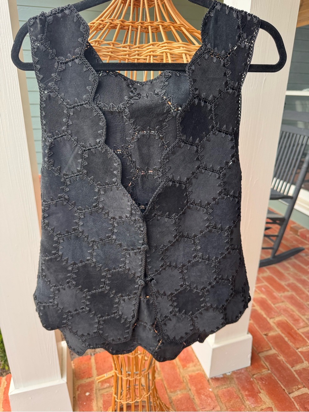 Vintage Black Suede Leather Patchwork Crochet Boho Vest L XL
